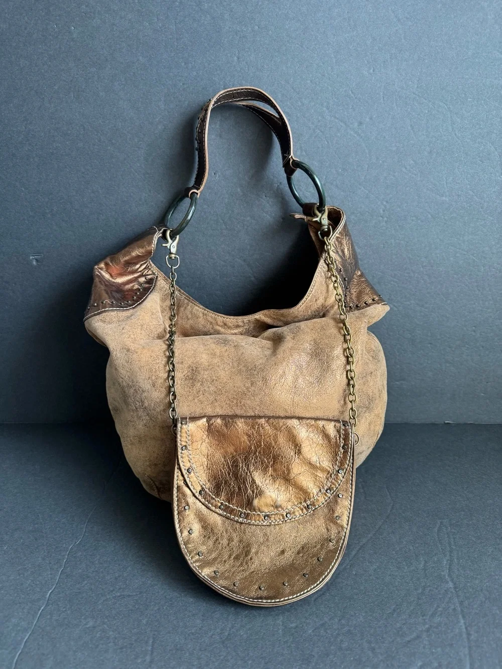 Y2K Metallic Hobo Bag Slouchy Leather Brown Cooper Studded  Purse Vintage